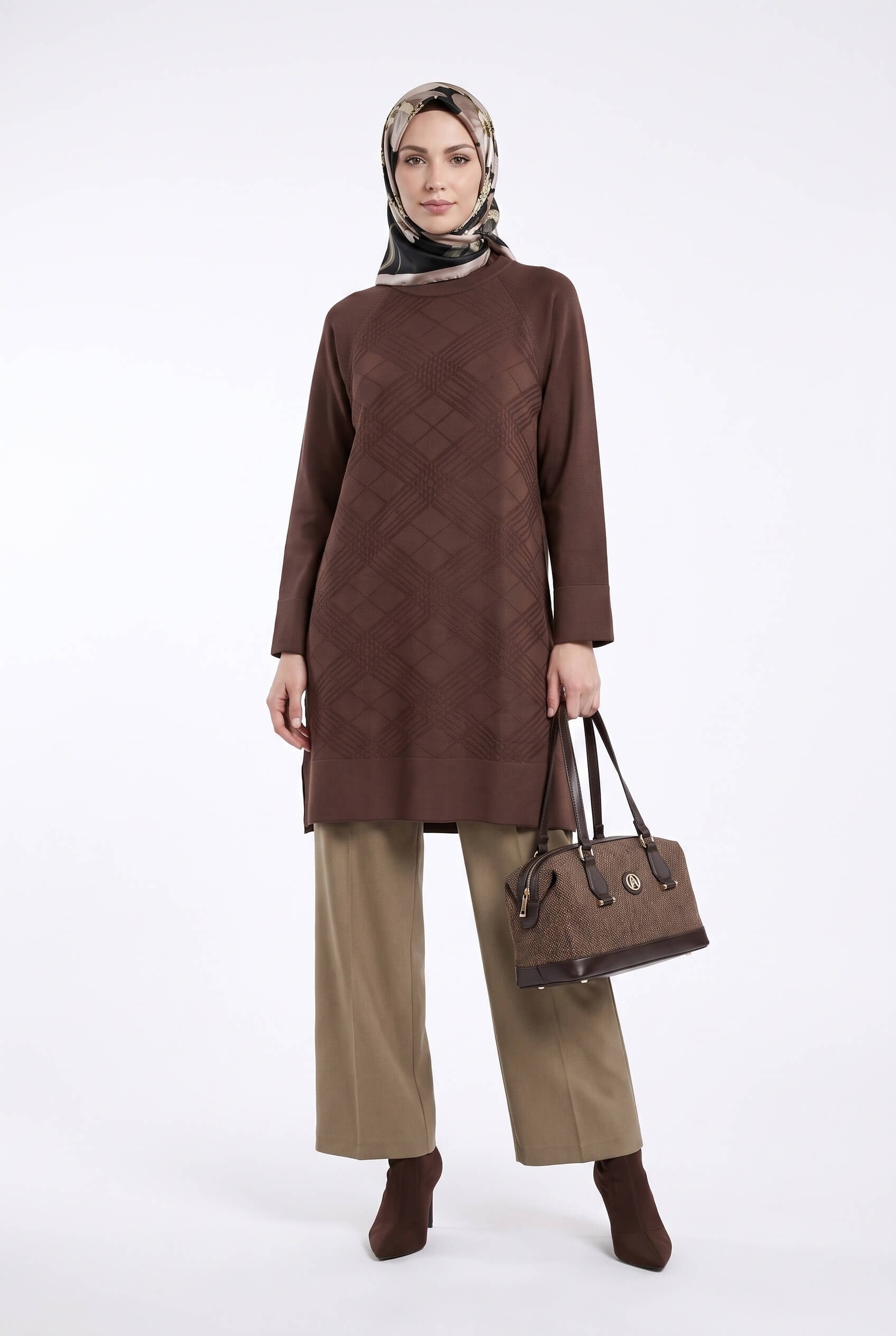 Armine TREND Geometrik Dokuma Desenli Triko Tunik Mocha 26KTD411