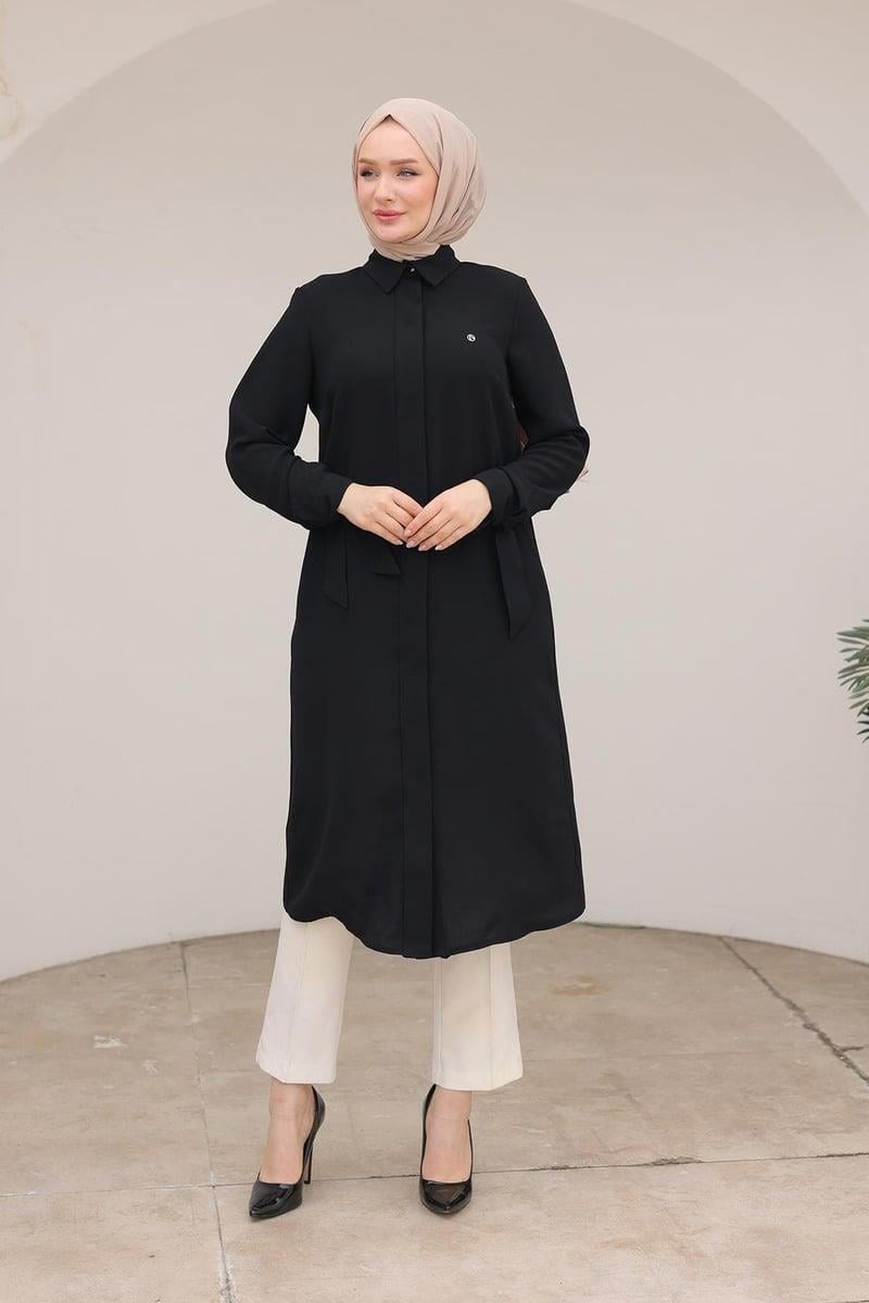 ARMİNE TREND Gizli Düğmeli Gömlek Yakalı Tunik Siyah 25YT4158