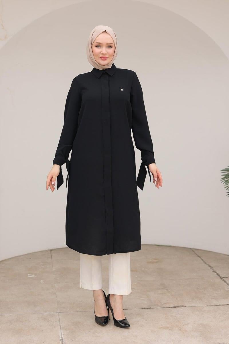 ARMİNE TREND Gizli Düğmeli Gömlek Yakalı Tunik Siyah 25YT4158
