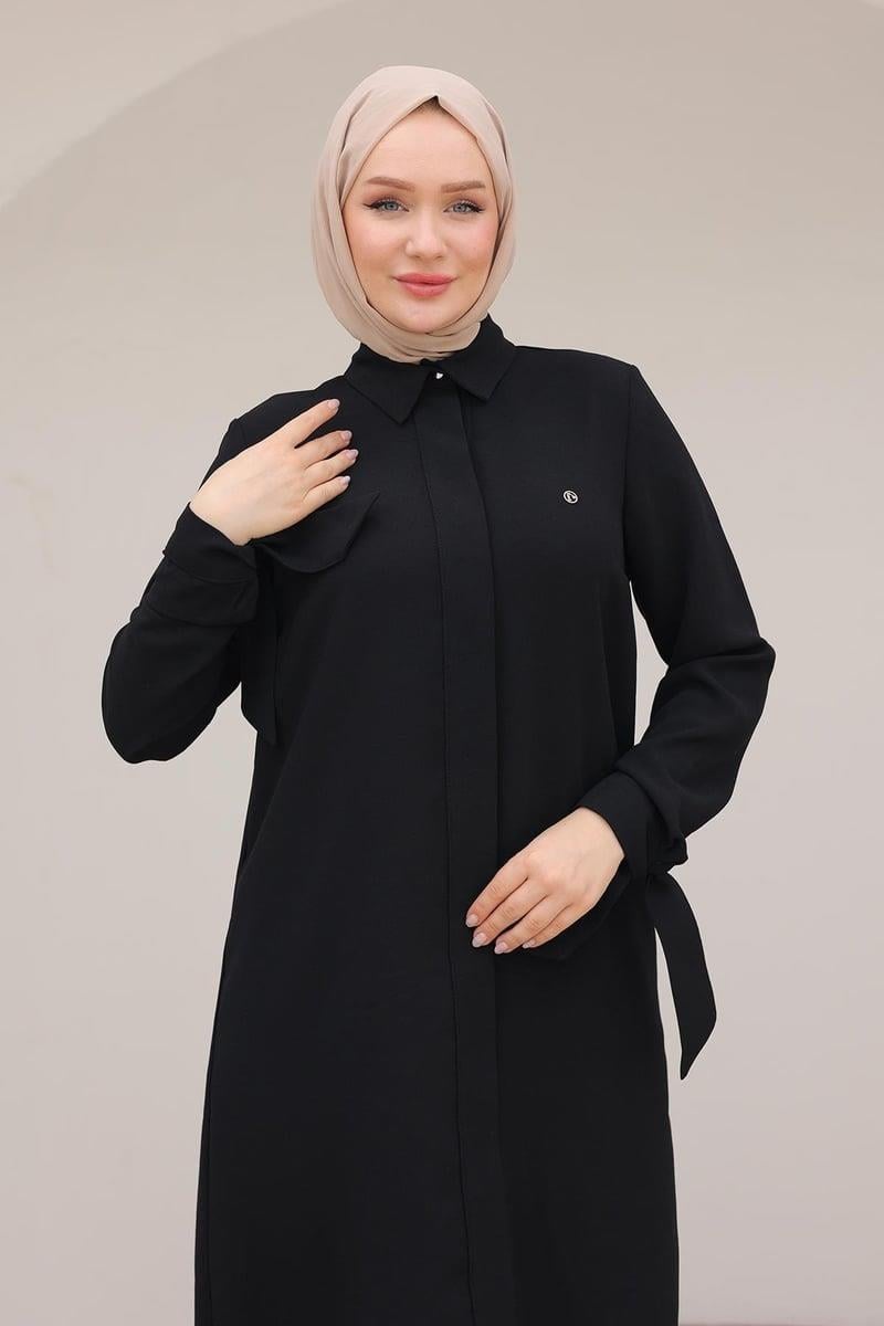 ARMİNE TREND Gizli Düğmeli Gömlek Yakalı Tunik Siyah 25YT4158