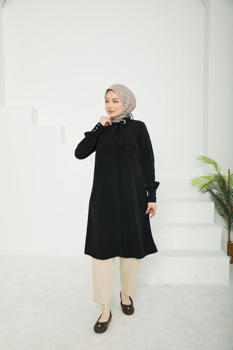 ARMİNE TREND Gizli Düğmeli Yakası Kurdele Detaylı Tunik-Siyah 25YT450