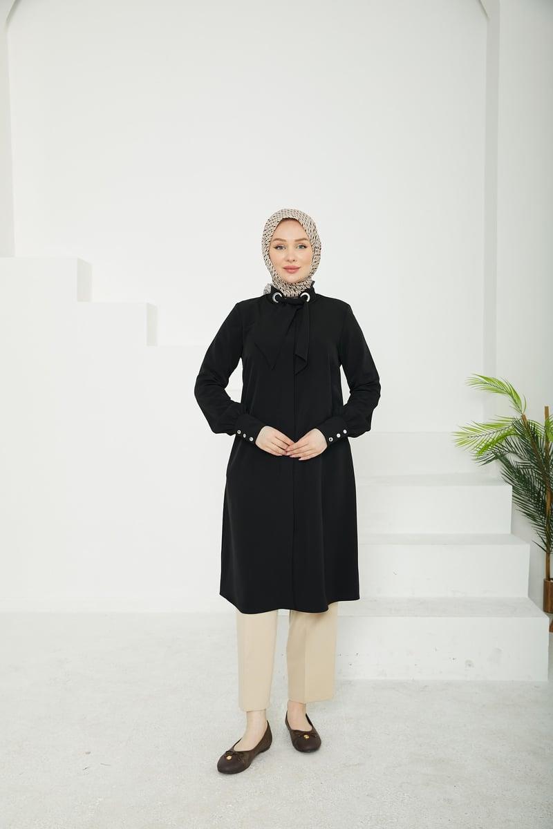 ARMİNE TREND Gizli Düğmeli Yakası Kurdele Detaylı Tunik-Siyah 25YT450