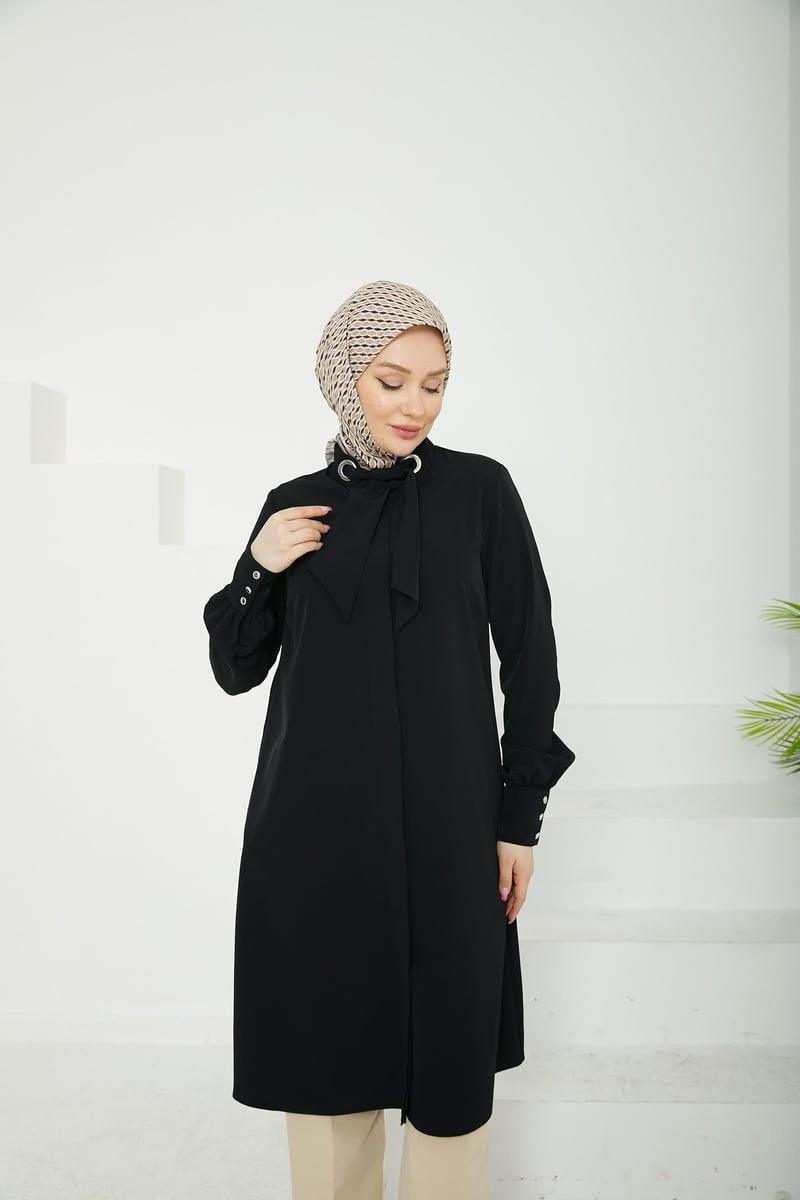 ARMİNE TREND Gizli Düğmeli Yakası Kurdele Detaylı Tunik-Siyah 25YT450