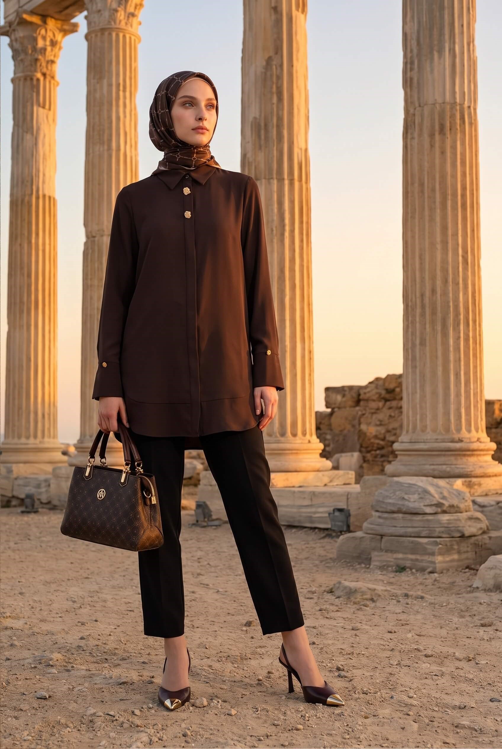 Armine TREND Gold Aksesuar Detaylı Asimetrik Tunik Kahverengi 26kt426