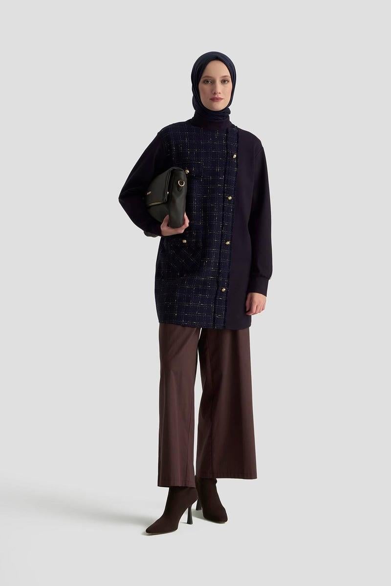 ARMİNE TREND Gold Düğme Detaylı Fermuarlı Tunik Lacivert 25KT415
