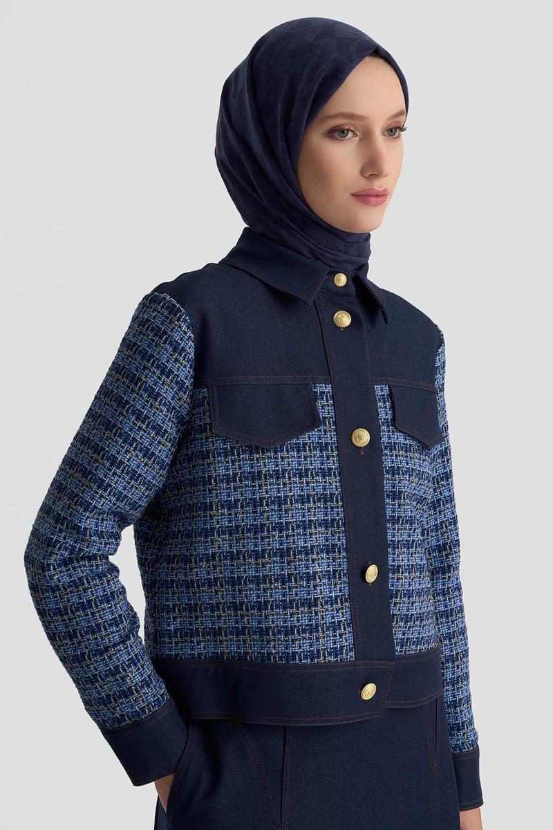 ARMİNE TREND Gold Düğme Detaylı Süs Cepli Etekli Tüvit İkili Takım İndigo 25KT605