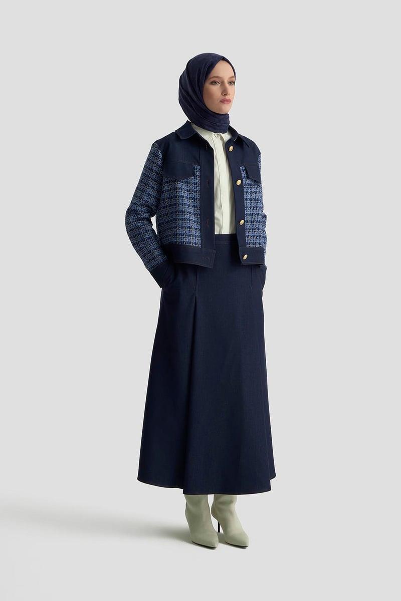 ARMİNE TREND Gold Düğme Detaylı Süs Cepli Etekli Tüvit İkili Takım İndigo 25KT605