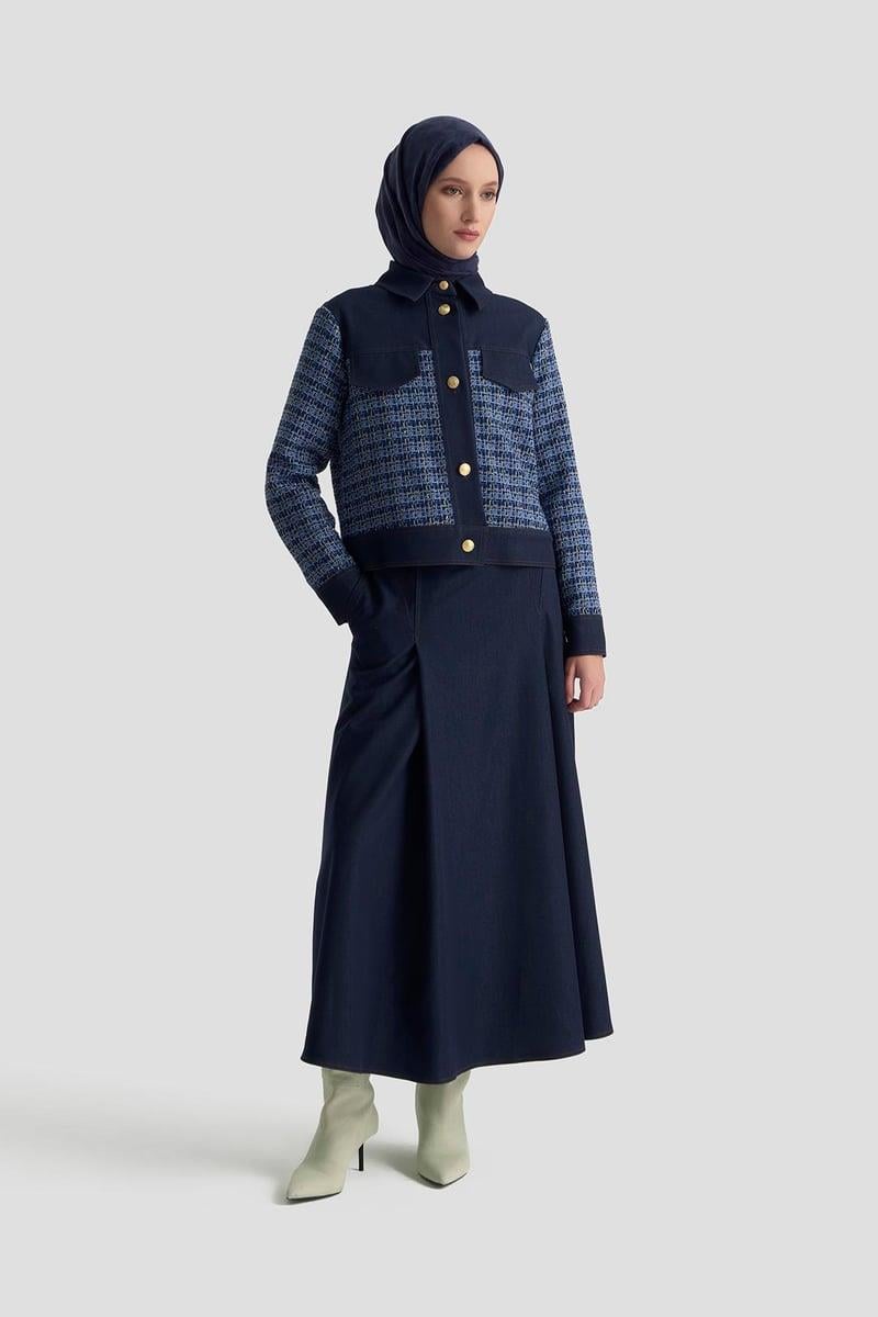 ARMİNE TREND Gold Düğme Detaylı Süs Cepli Etekli Tüvit İkili Takım İndigo 25KT605