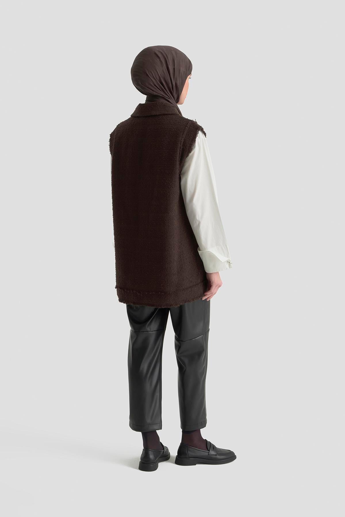 ARMİNE TREND Gold Düğmeli Cepli Gömlek Yakalı Yelek Kahverengi 25KT516