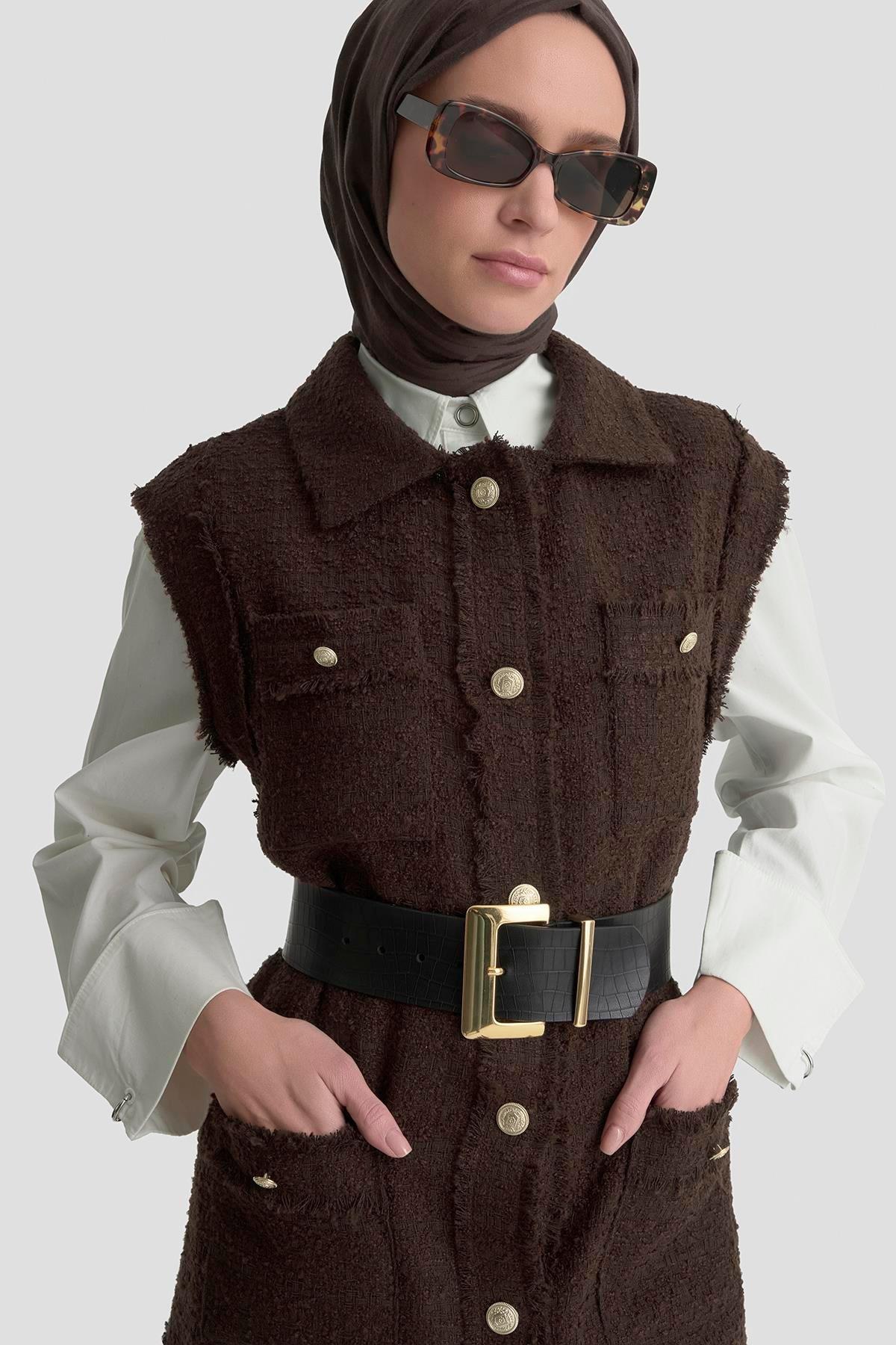 ARMİNE TREND Gold Düğmeli Cepli Gömlek Yakalı Yelek Kahverengi 25KT516