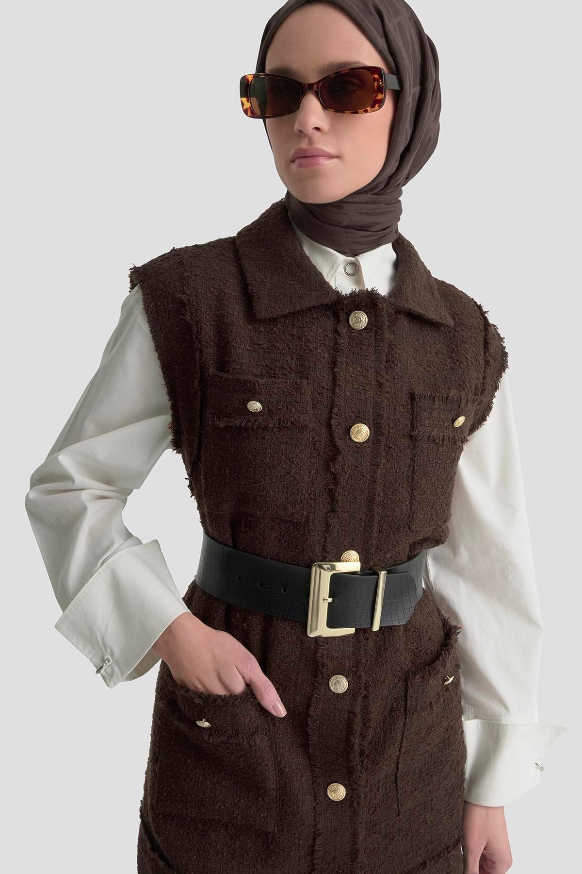 ARMİNE TREND Gold Düğmeli Cepli Gömlek Yakalı Yelek Kahverengi 25KT516