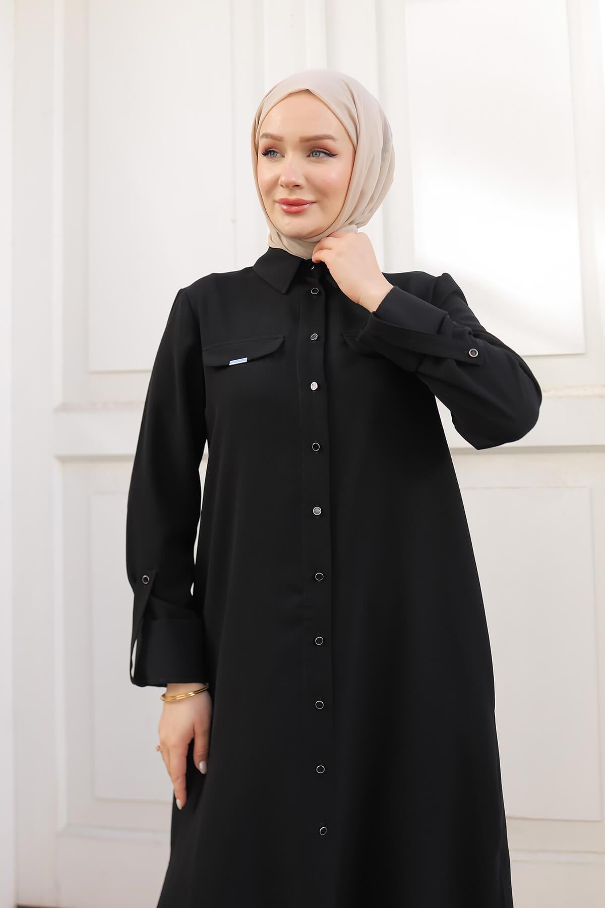 ARMİNE TREND Gömlek Yaka Cep Detaylı Düğmeli Tunik Siyah 24KT475