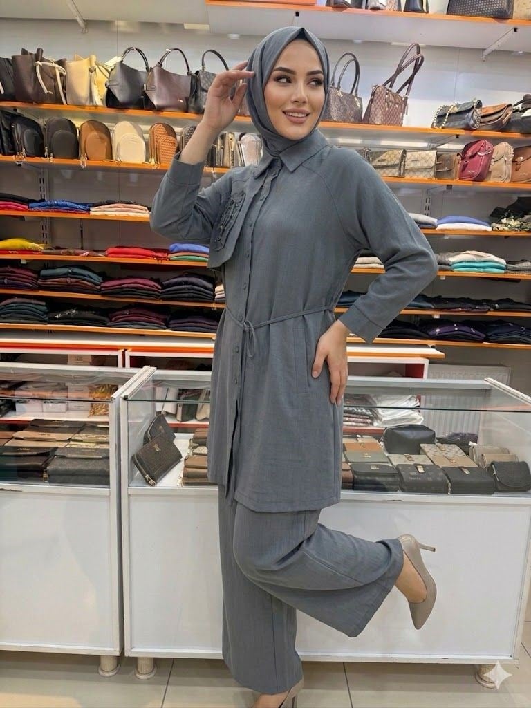 Armine TREND Gülü Taş İşlemeli Pantolonlu Takım Gri 26YT652