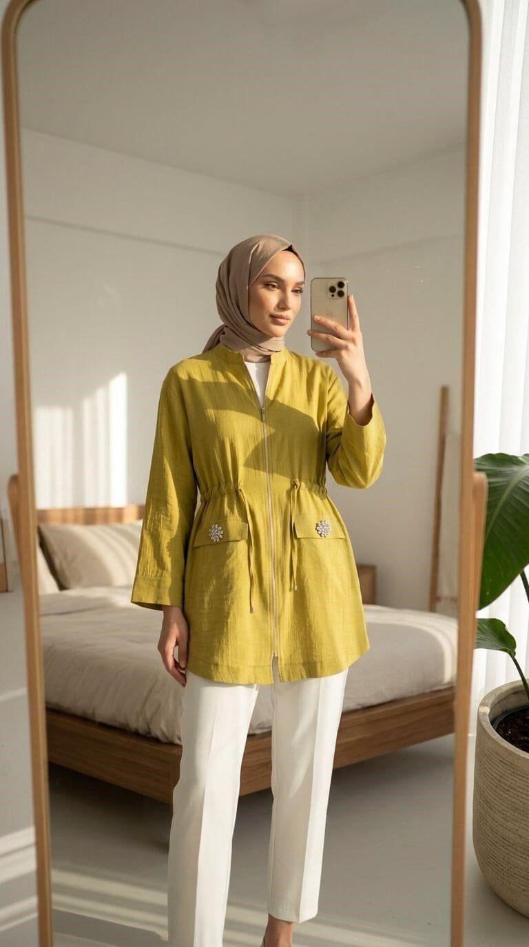 Armine TREND Hakim Yaka Boydan Fermuarlı Tunik Yağ Yeşili 26YT424