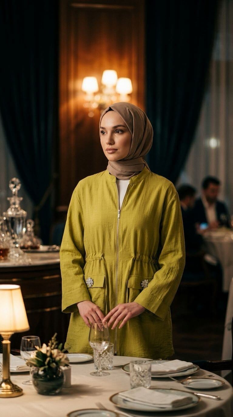 Armine TREND Hakim Yaka Boydan Fermuarlı Tunik Yağ Yeşili 26YT424
