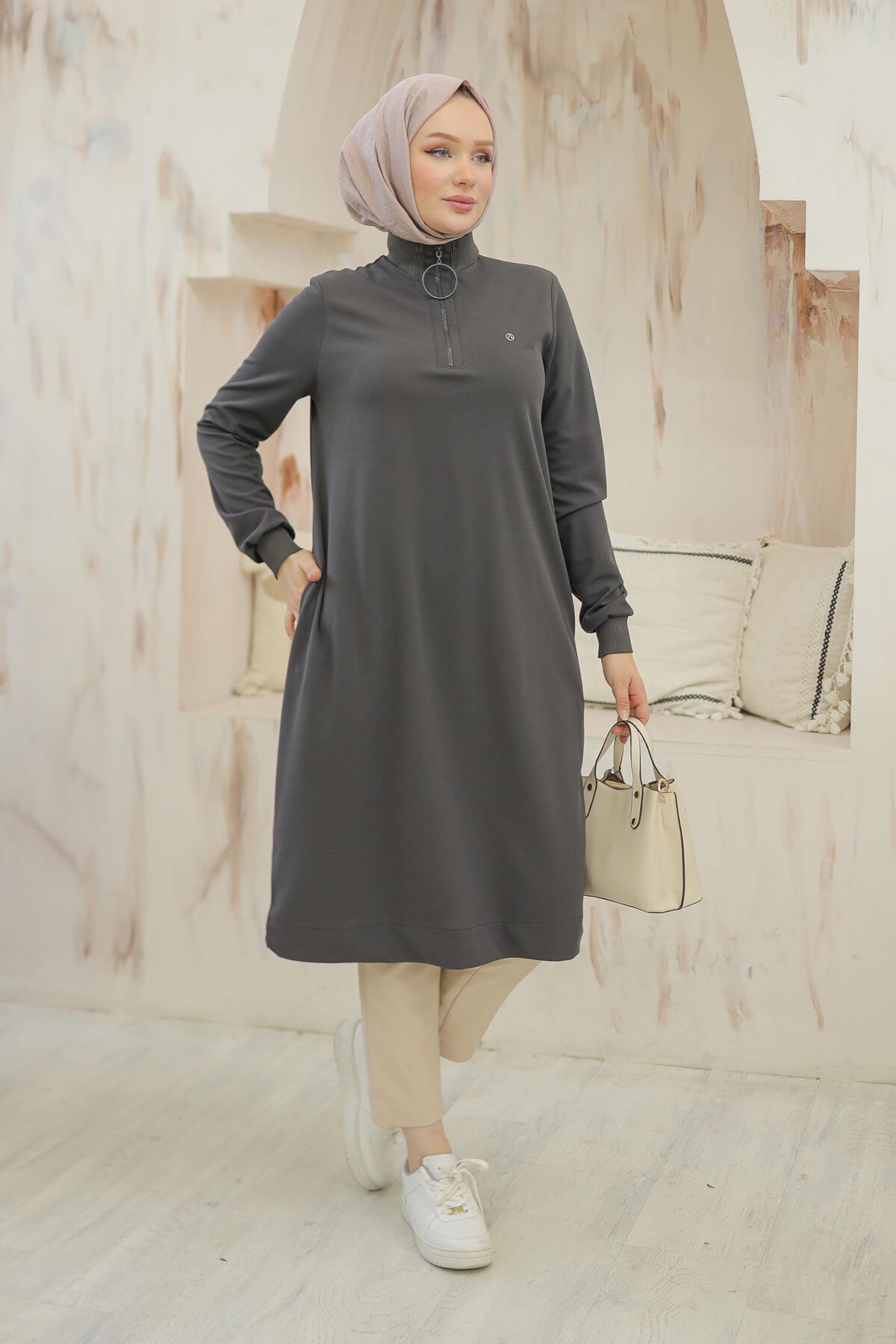 Armine Trend Halkalı Örme Kumaş Tunik Gri 24KT436