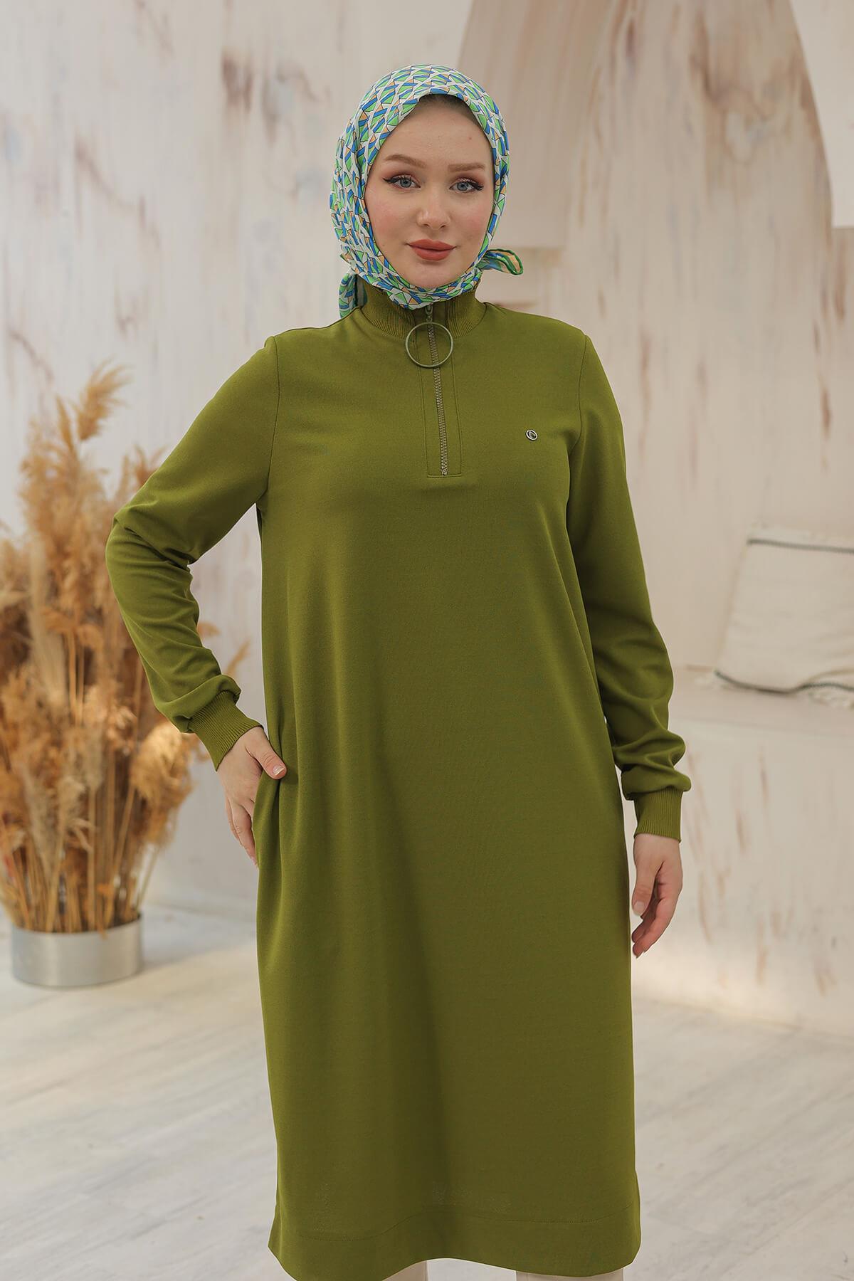 Armine Trend Halkalı Örme Kumaş Tunik Yağ Yeşili 24KT436