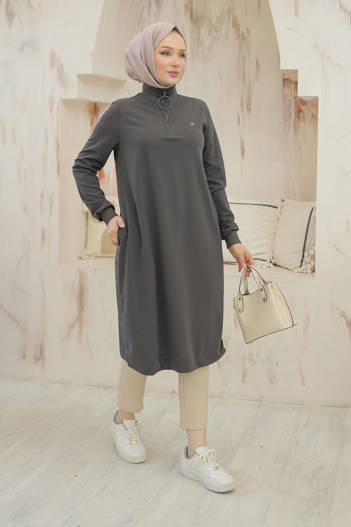 Armine Trend Halkalı Örme Kumaş Tunik Gri 24KT436