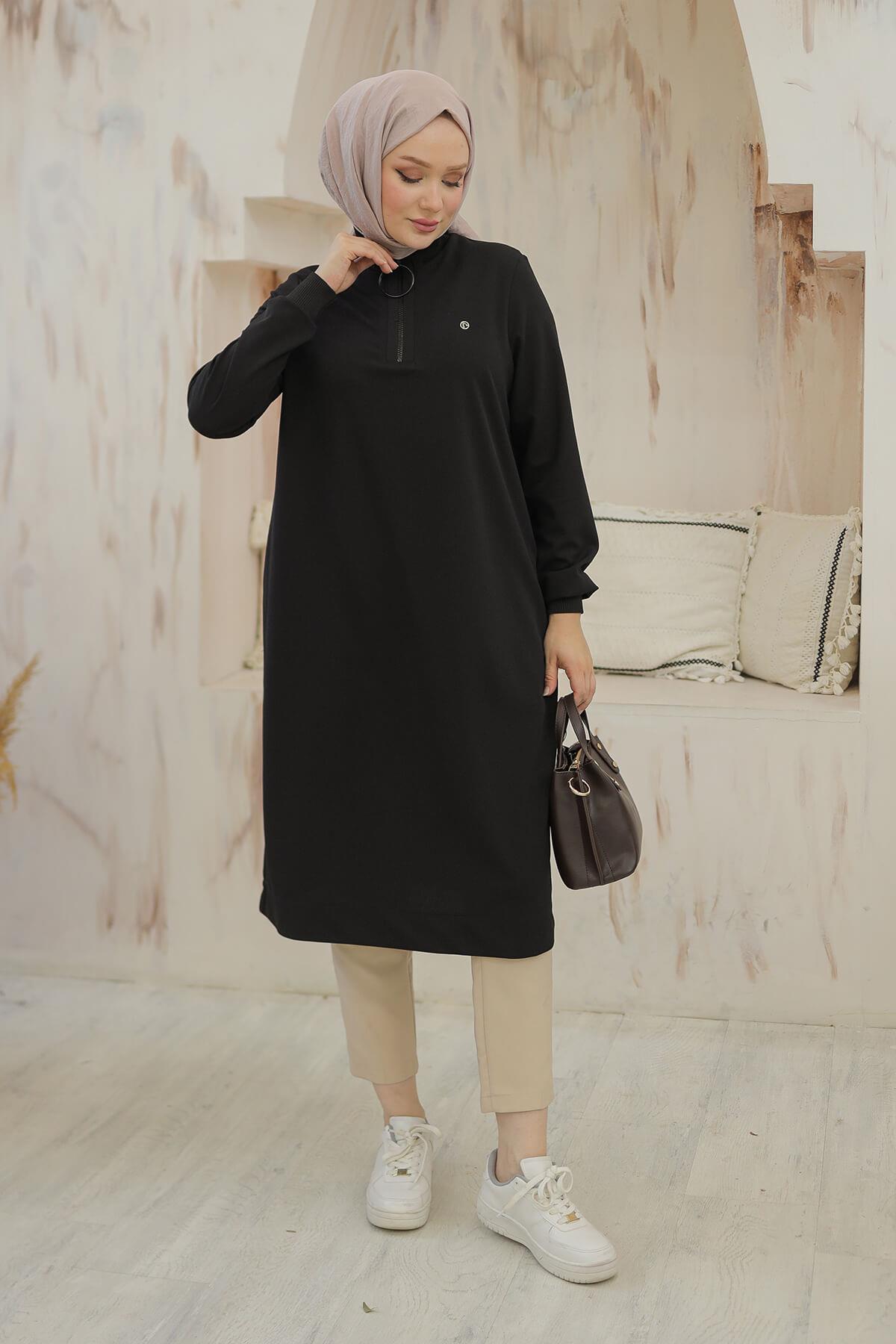 Armine Trend Halkalı Örme Kumaş Tunik Siyah 24KT436
