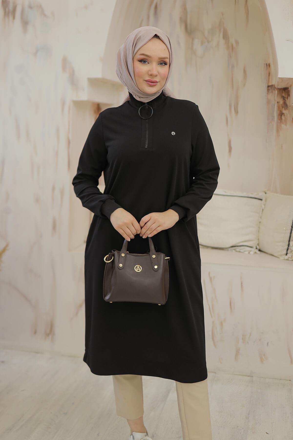Armine Trend Halkalı Örme Kumaş Tunik Siyah 24KT436