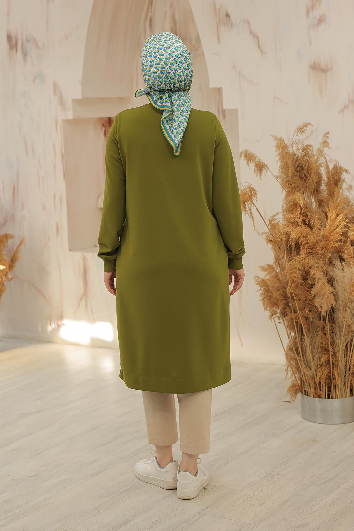 Armine Trend Halkalı Örme Kumaş Tunik Yağ Yeşili 24KT436