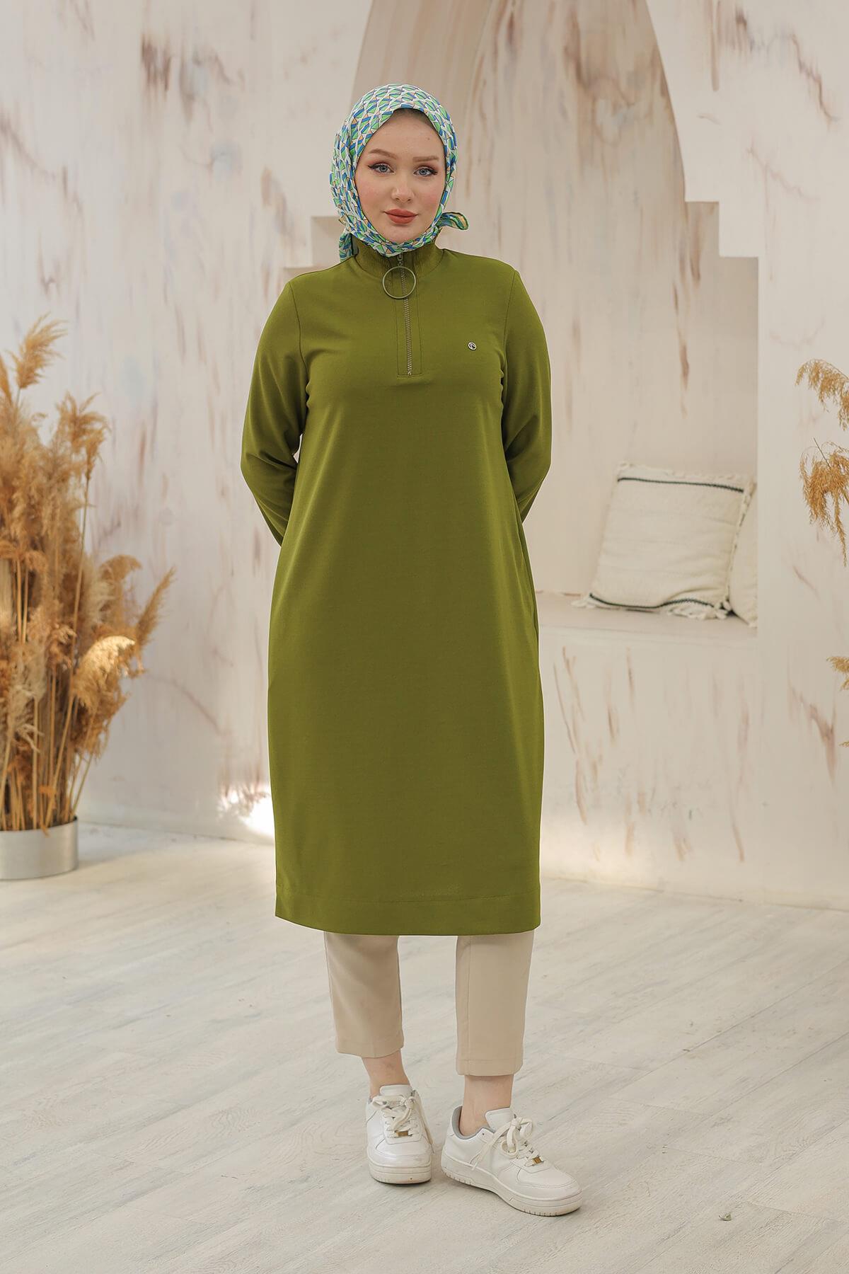 Armine Trend Halkalı Örme Kumaş Tunik Yağ Yeşili 24KT436