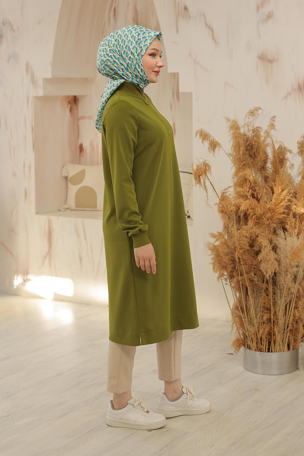 Armine Trend Halkalı Örme Kumaş Tunik Yağ Yeşili 24KT436