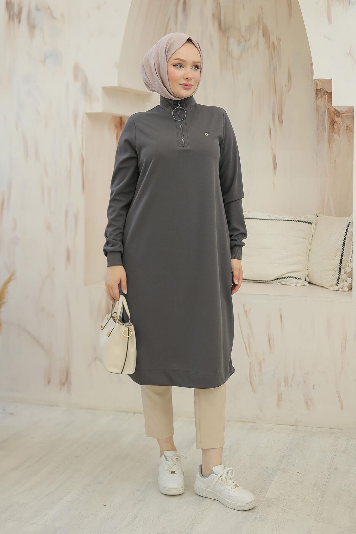 Armine Trend Halkalı Örme Kumaş Tunik Gri 24KT436