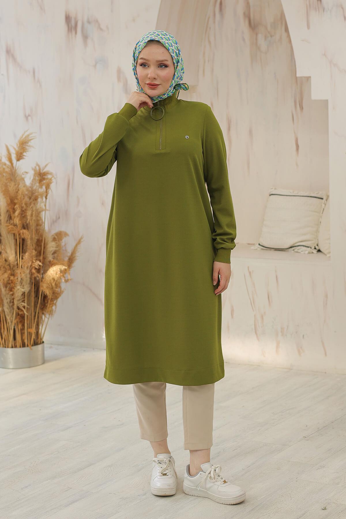 Armine Trend Halkalı Örme Kumaş Tunik Yağ Yeşili 24KT436