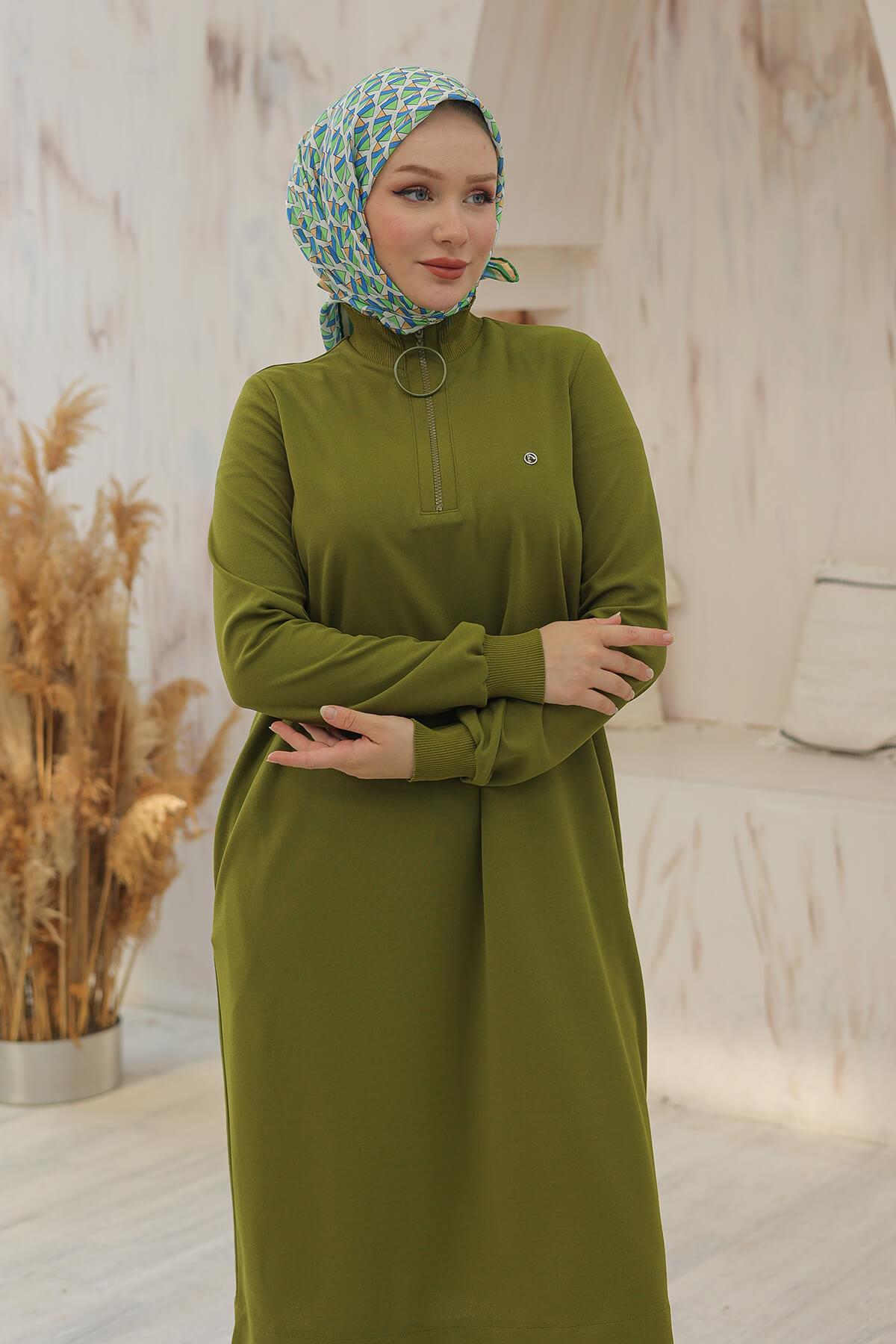 Armine Trend Halkalı Örme Kumaş Tunik Yağ Yeşili 24KT436