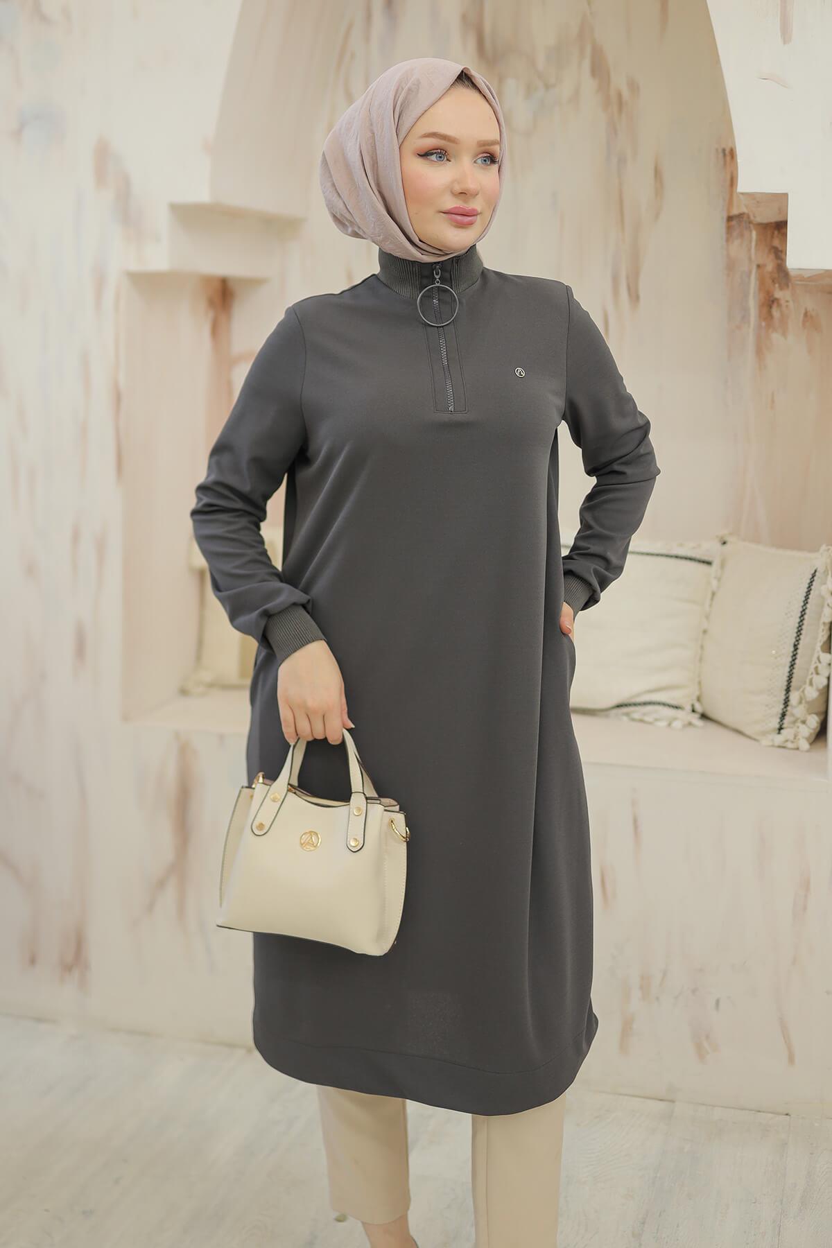 Armine Trend Halkalı Örme Kumaş Tunik Gri 24KT436