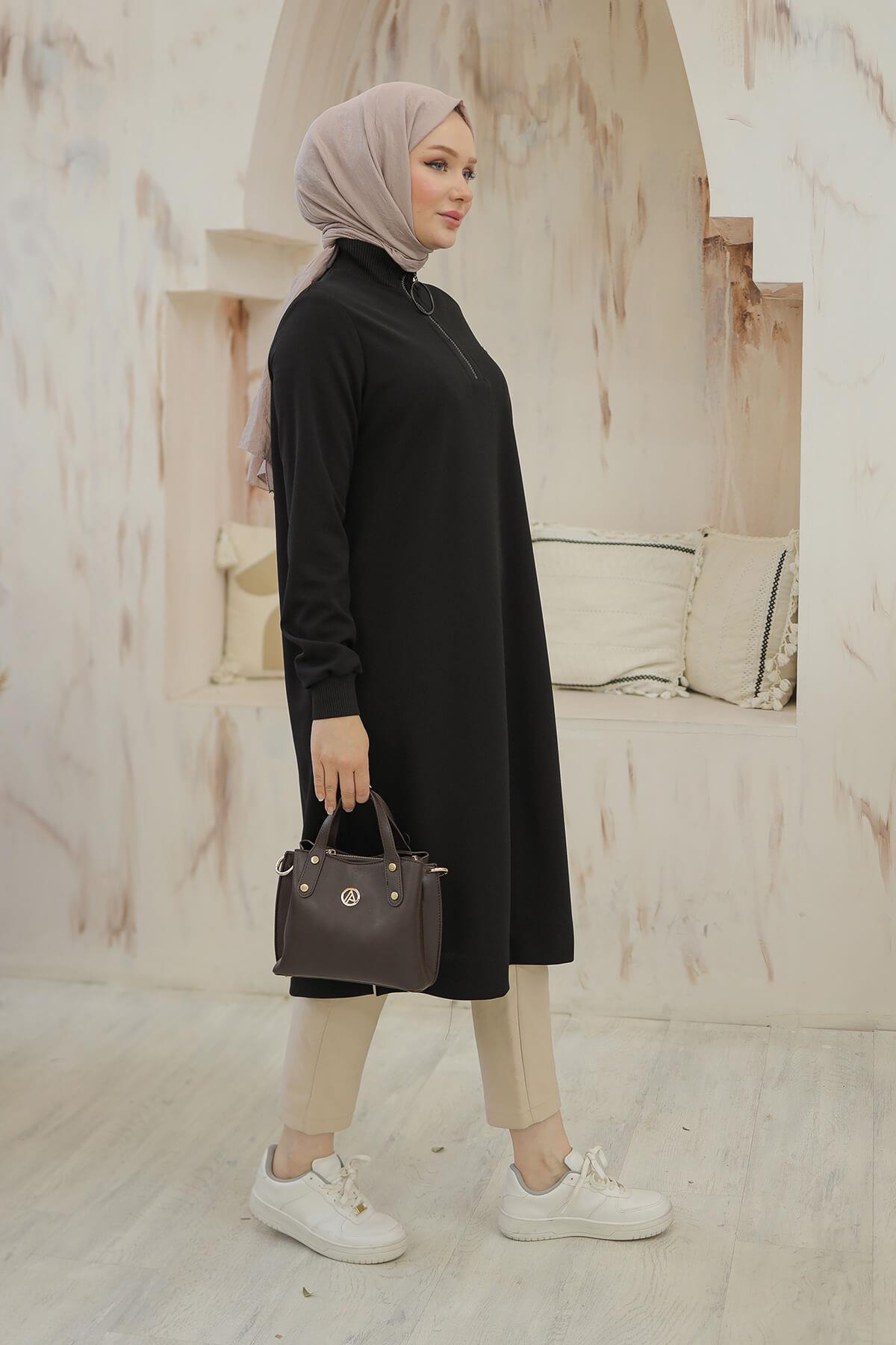 Armine Trend Halkalı Örme Kumaş Tunik Siyah 24KT436