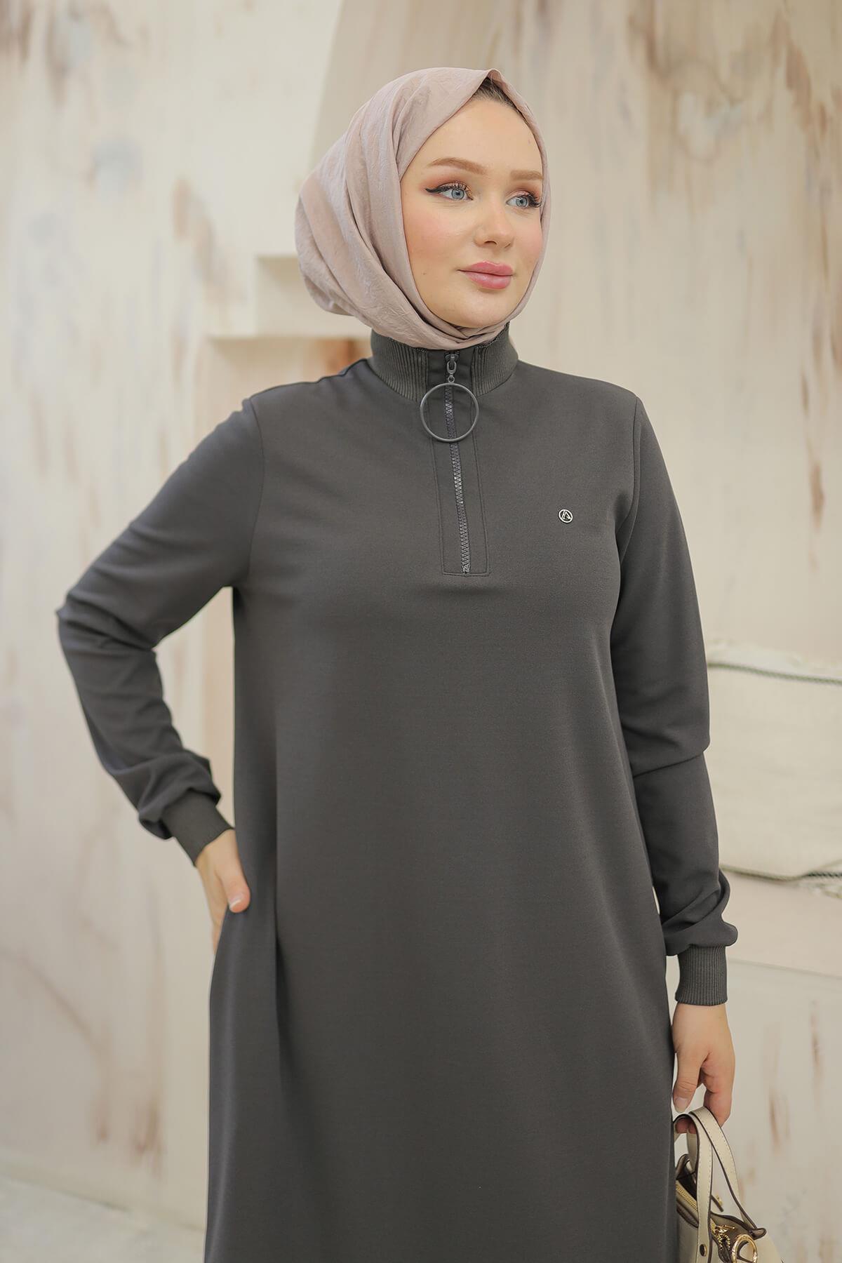 Armine Trend Halkalı Örme Kumaş Tunik Gri 24KT436