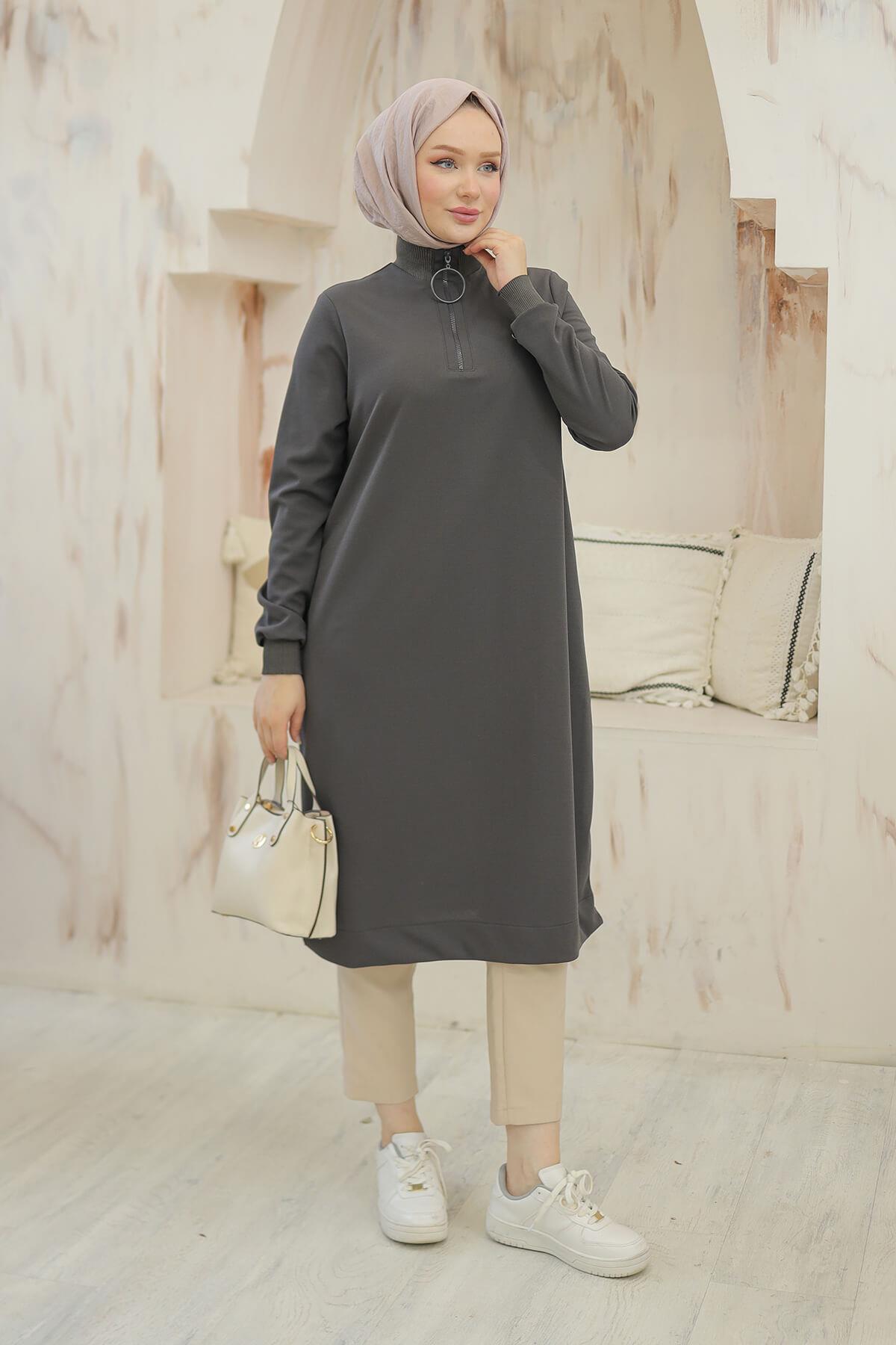 Armine Trend Halkalı Örme Kumaş Tunik Gri 24KT436