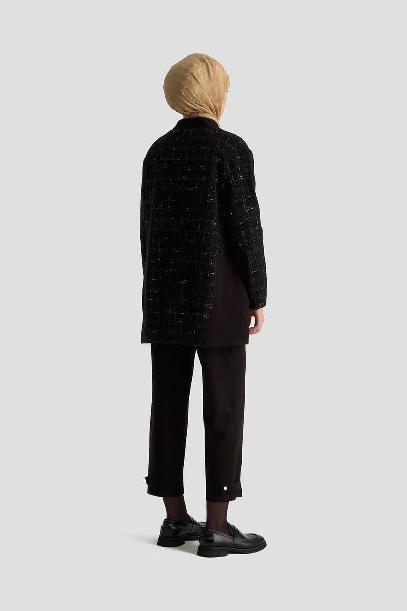 Armine TREND İnce Sarı Çizgili Pantolonlu Takım Siyah 25KT612