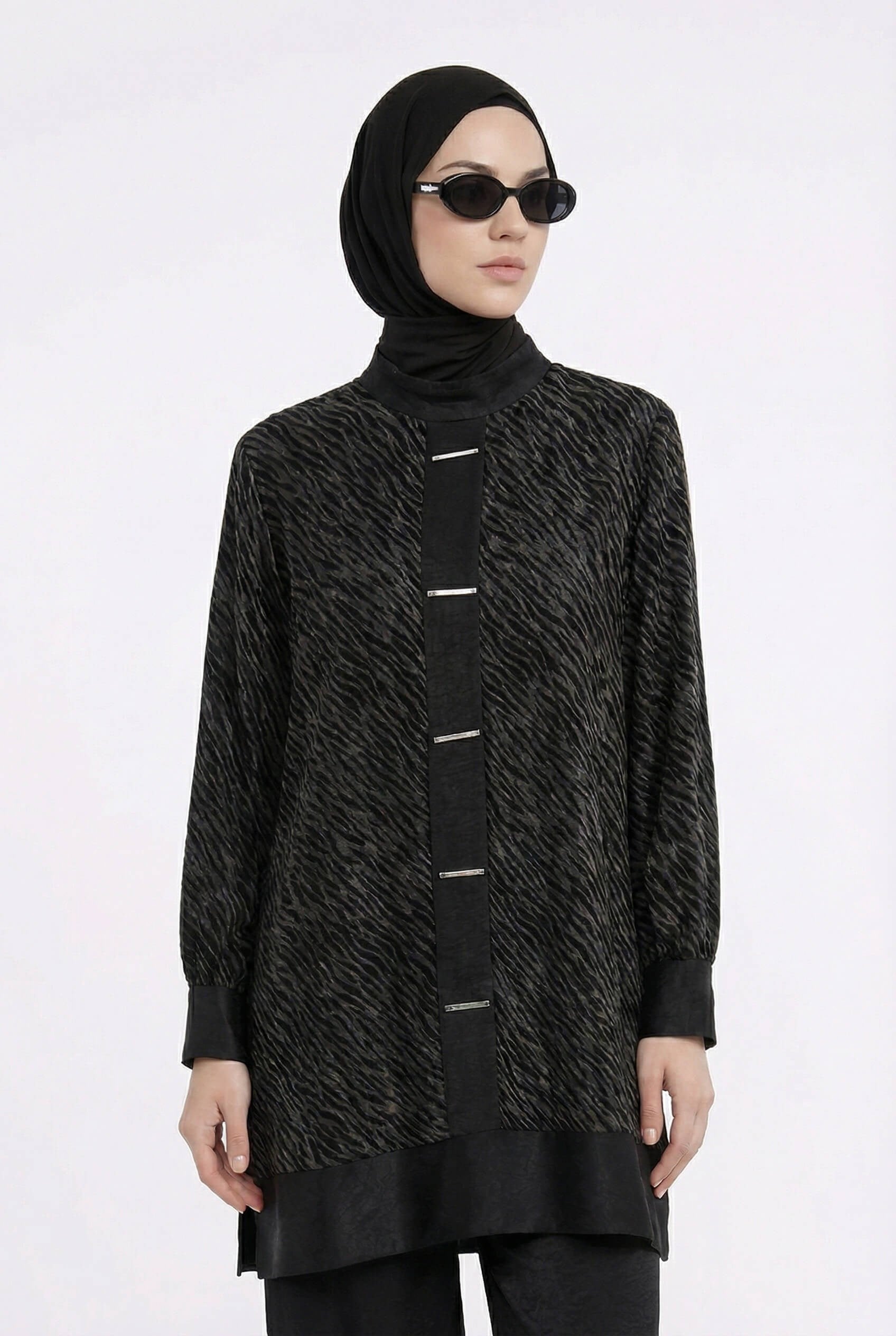 Armine TREND Jakarlı Saten Kumaş Pantolonlu Takım Siyah 26YT608