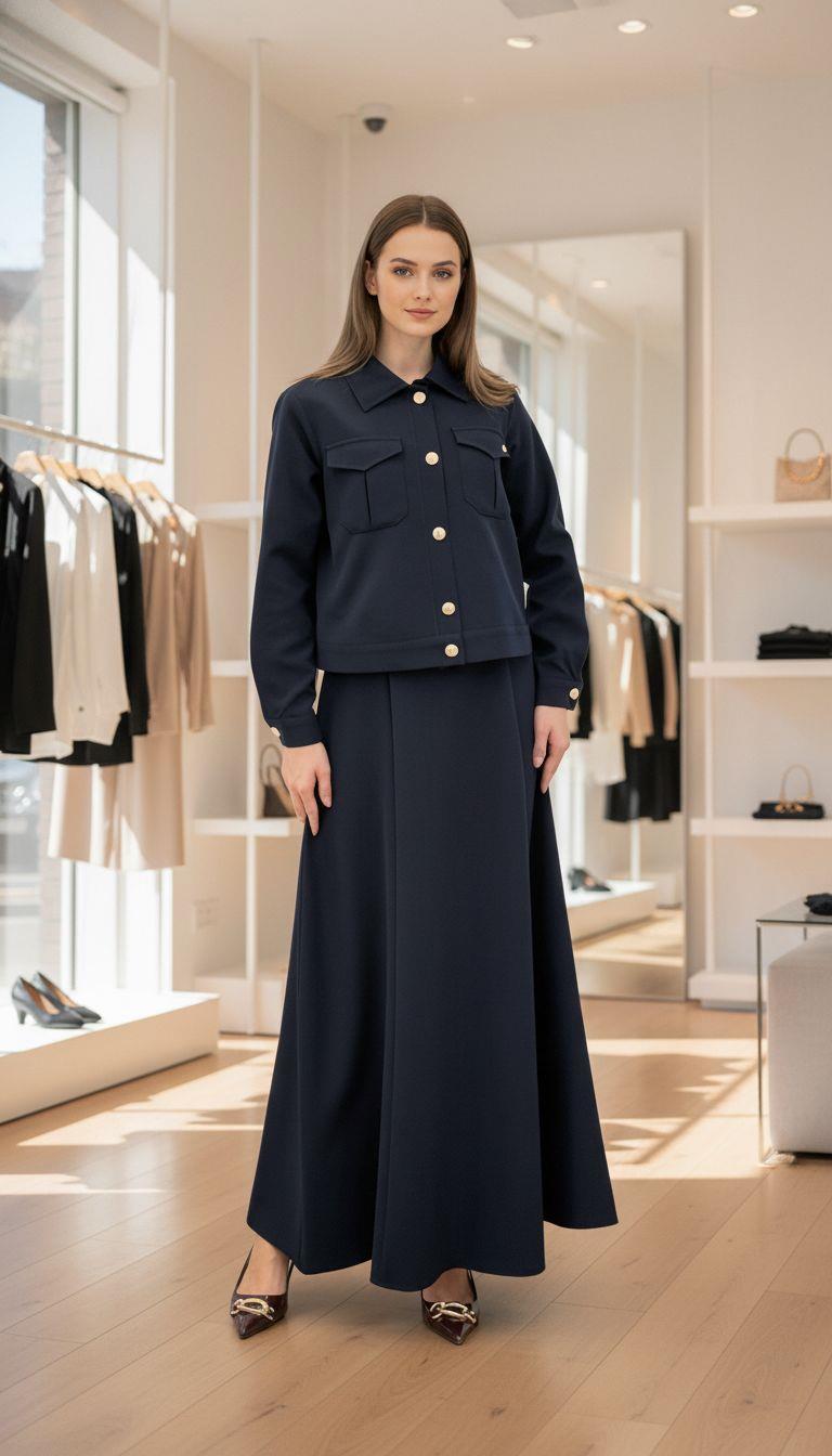 Armine TREND Jile Elbiseli Ceketi Düğme Detaylı Takım Lacivert 25KT642