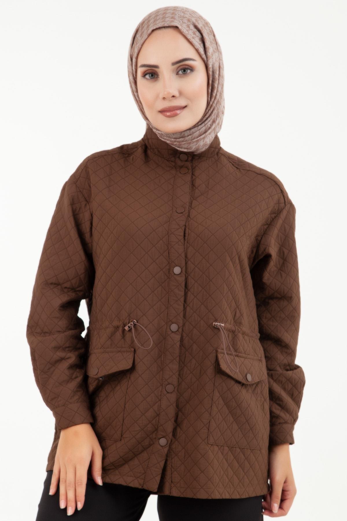 Armine Trend Kapitone Kumaş Beli Büzgülü Ceket Kahve 23KT304