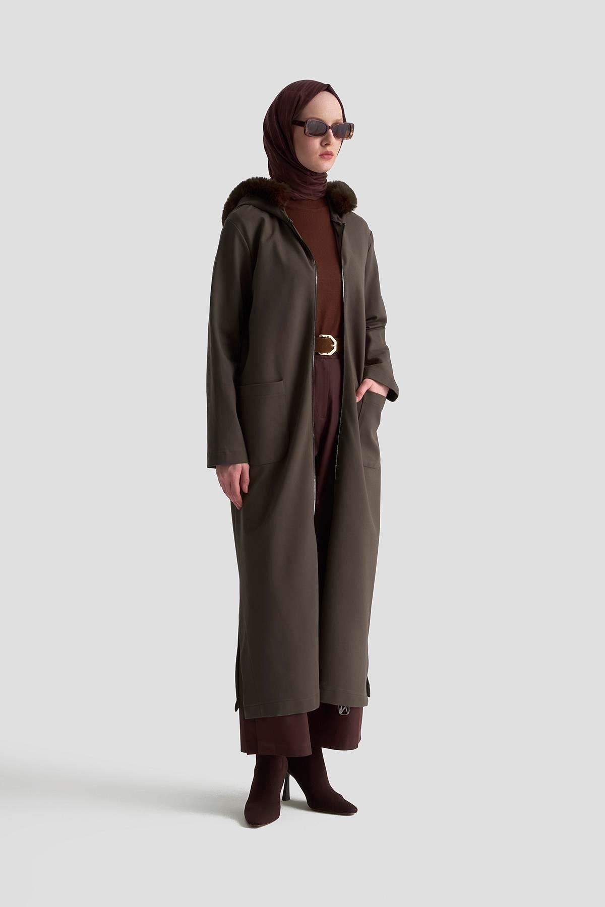 Armine TREND Kapüşon Kürk Detay Örme Kumaş Kap Vizon 25KT528 - 25KT541