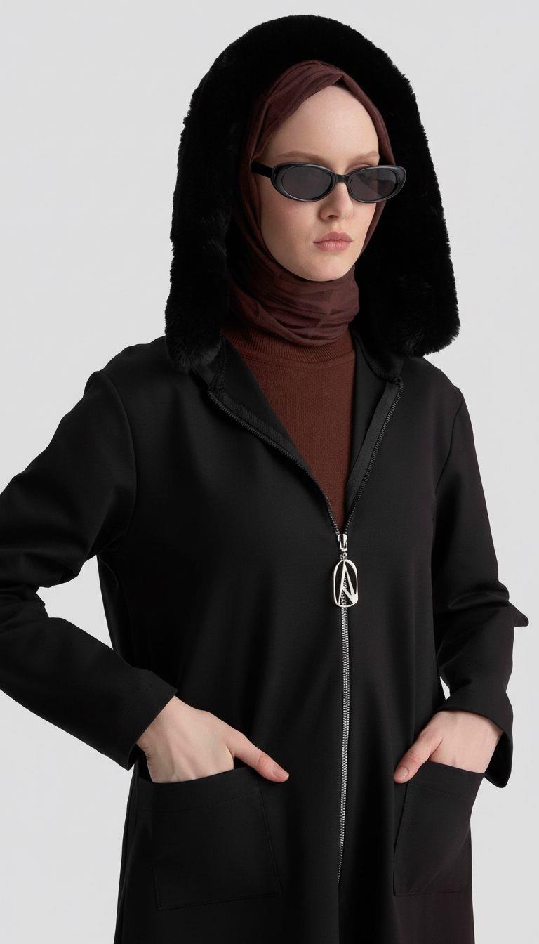 Armine TREND Kapüşon Kürk Detay Örme Kumaş Kap Siyah 25KT528