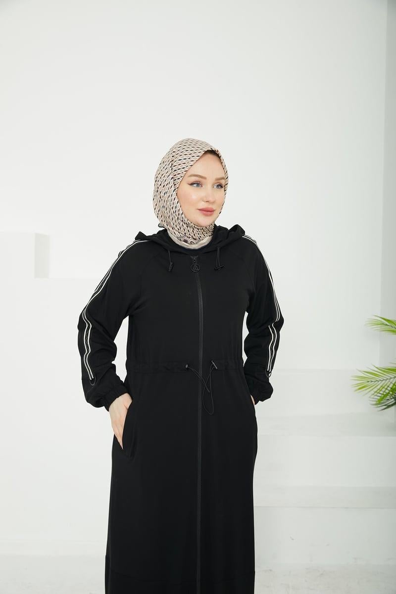 ARMİNE TREND Kapüşonlu Boydan Fermualı Kolları Lastikli Ferace-Siyah 25YT806