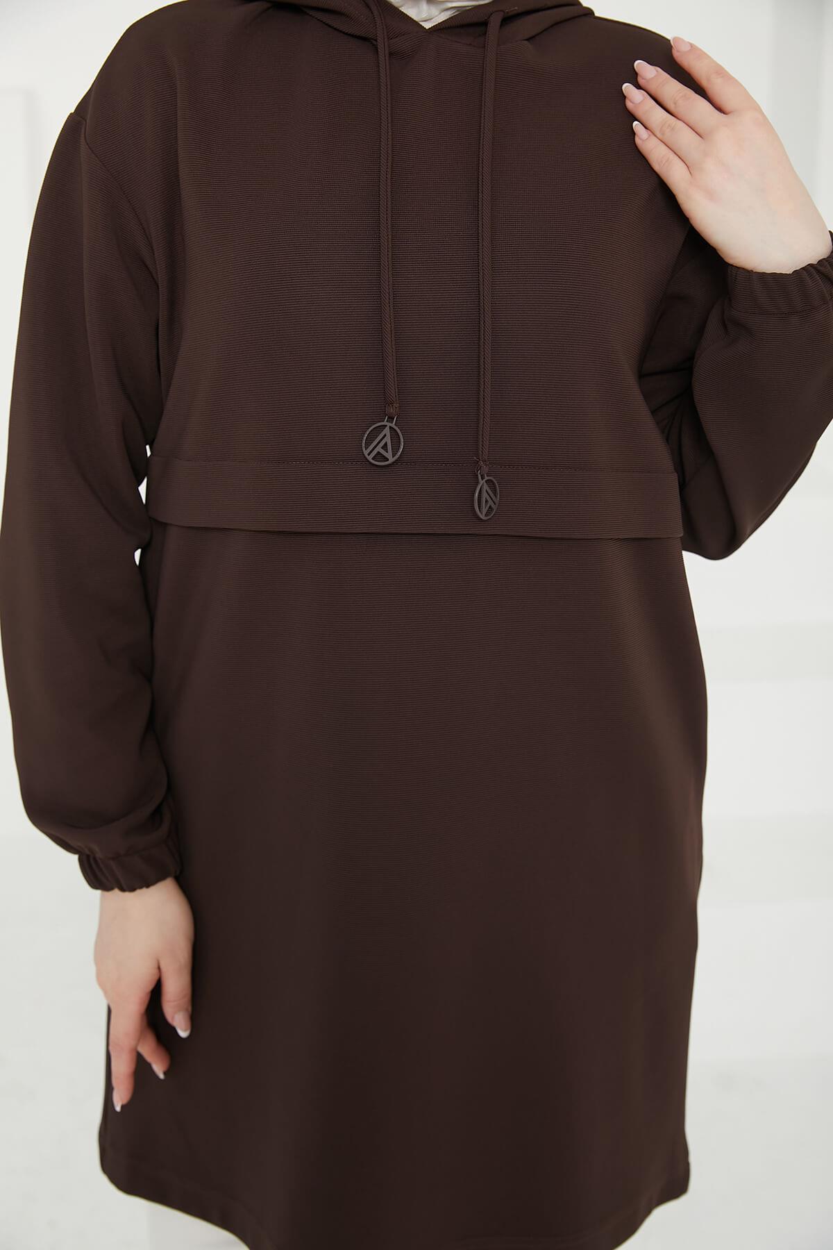 ARMİNE TREND Kapüşonlu Kolları Lastikli Tunik Kahve 25KT462