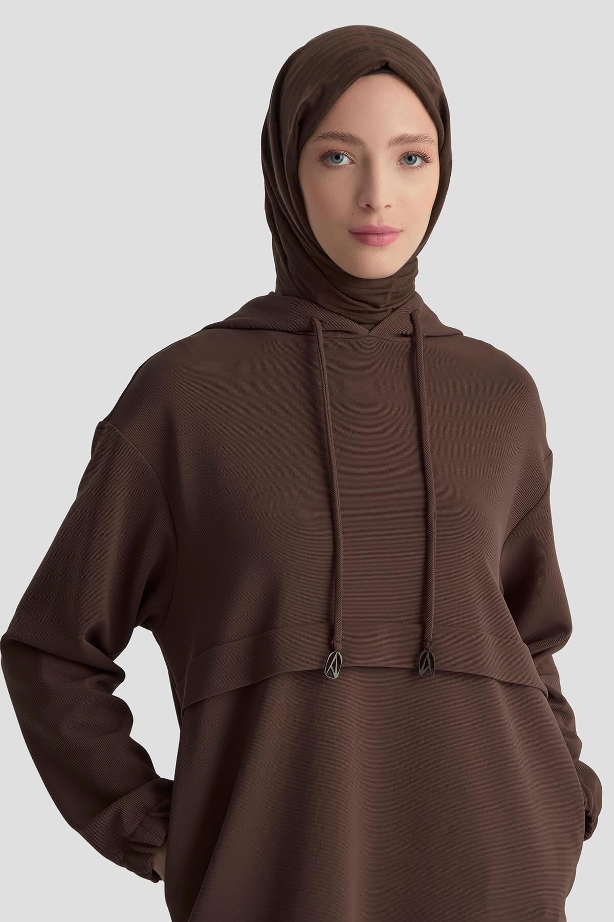ARMİNE TREND Kapüşonlu Kolları Lastikli Tunik Kahve 25KT462