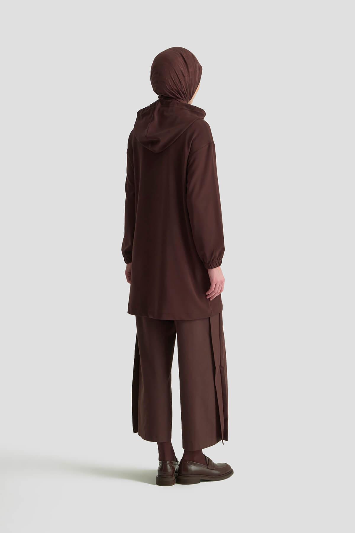 ARMİNE TREND Kapüşonlu Kolları Lastikli Tunik Koyu Kahve 25KT462