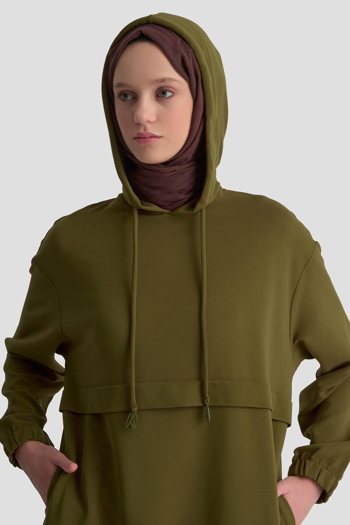 ARMİNE TREND Kapüşonlu Kolları Lastikli Tunik Haki 25KT462
