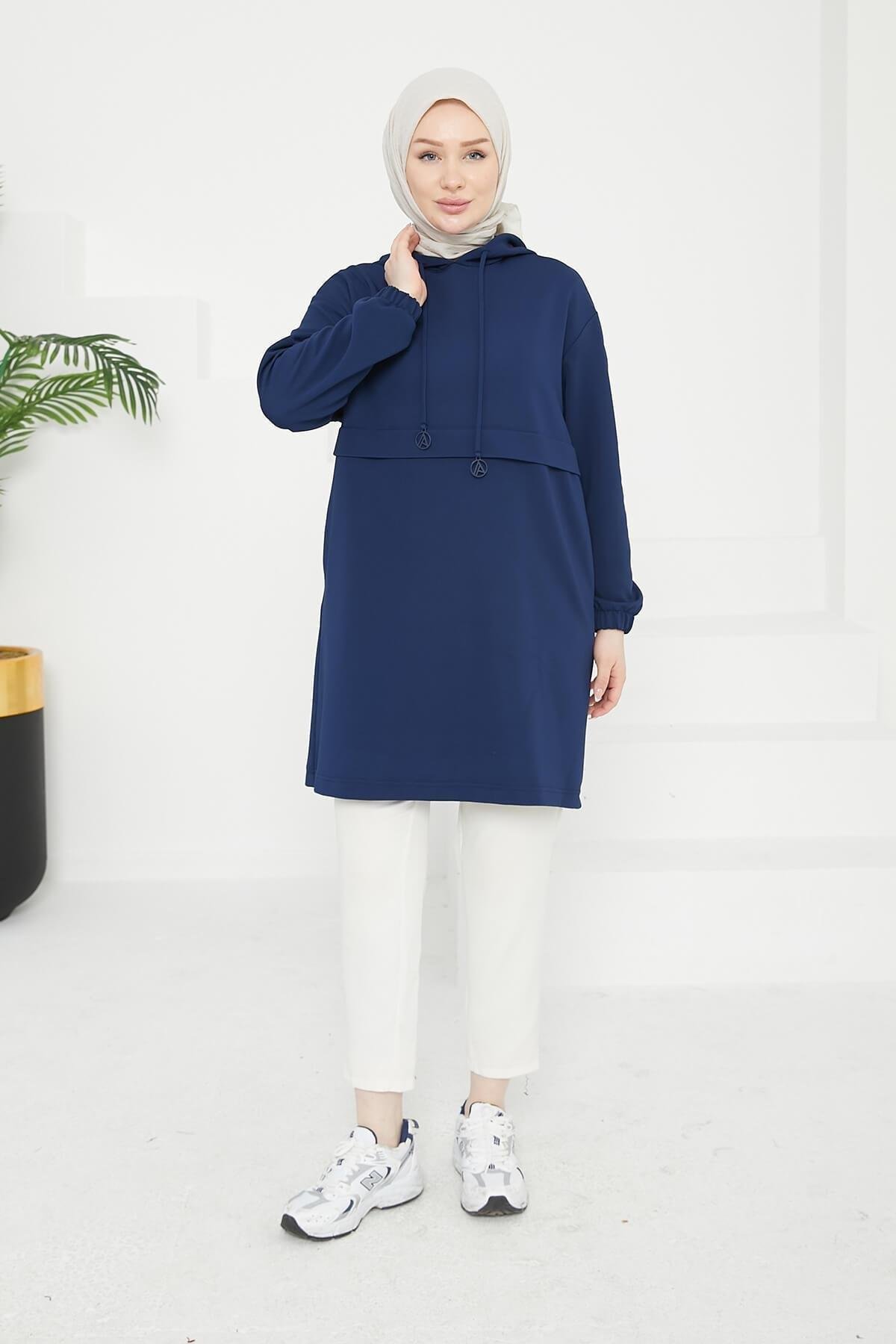 ARMİNE TREND Kapüşonlu Kolları Lastikli Tunik Lacivert 25KT462