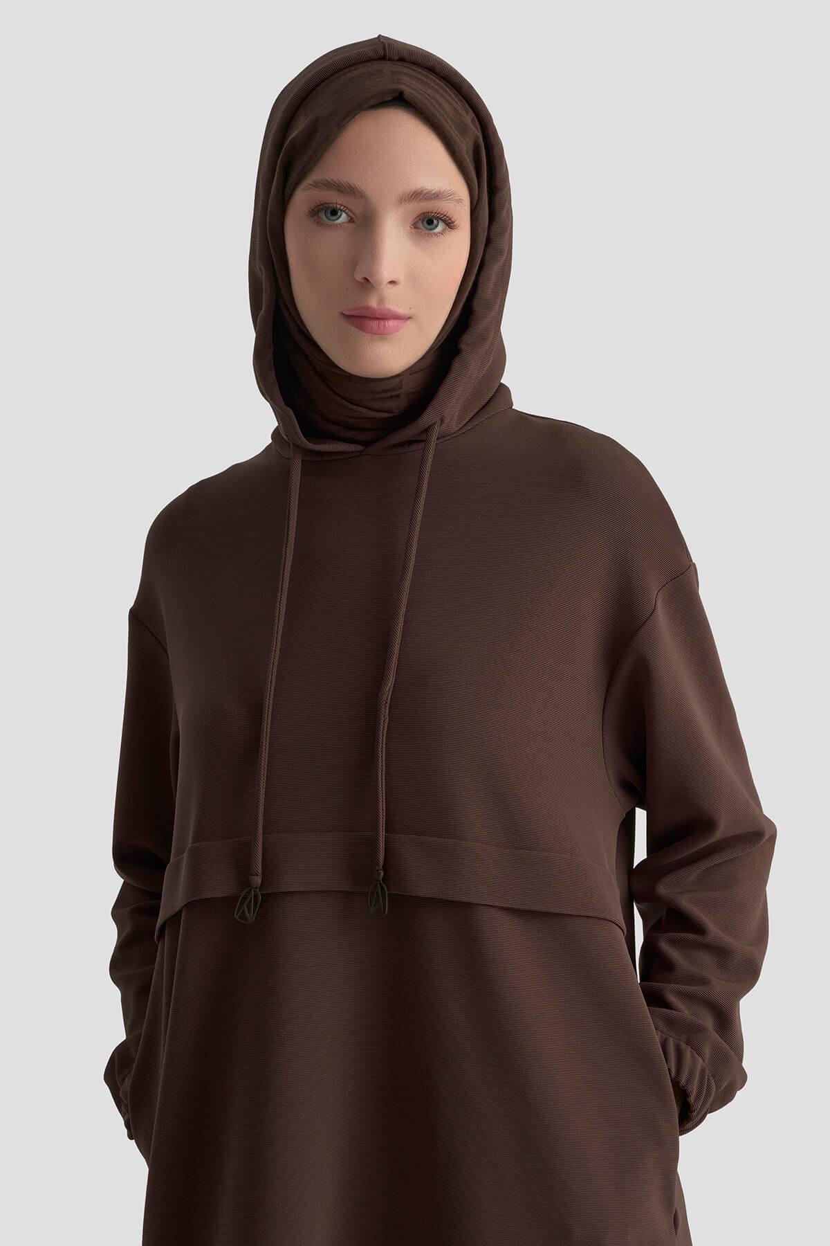 ARMİNE TREND Kapüşonlu Kolları Lastikli Tunik Kahve 25KT462