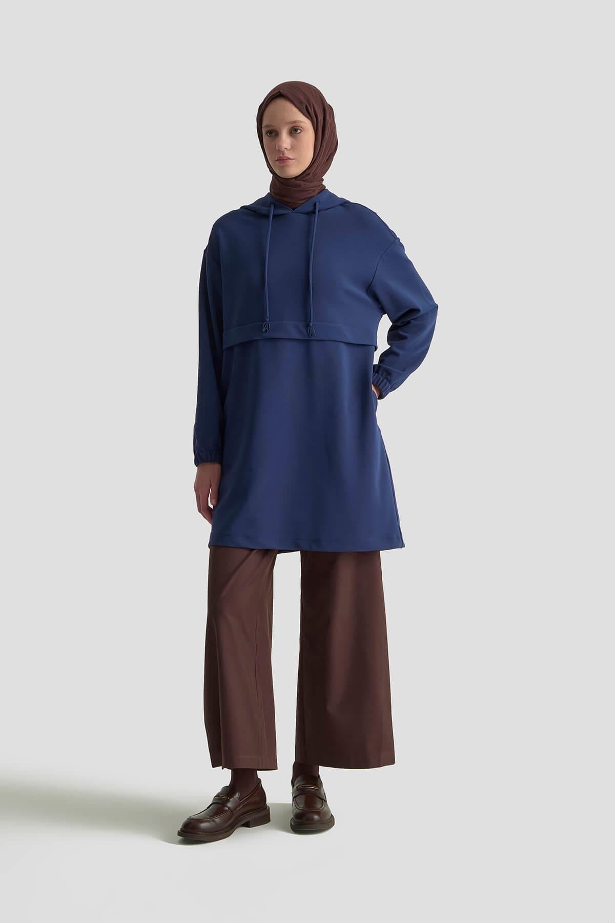 ARMİNE TREND Kapüşonlu Kolları Lastikli Tunik Lacivert 25KT462