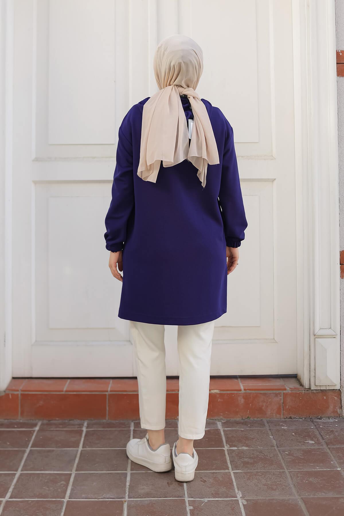 ARMİNE TREND Kapüşonlu Kolları Lastikli Tunik Saks 25KT462