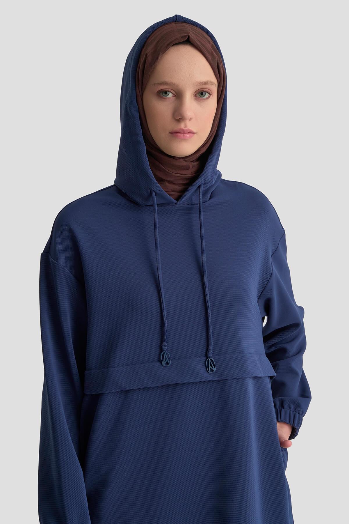 ARMİNE TREND Kapüşonlu Kolları Lastikli Tunik Lacivert 25KT462